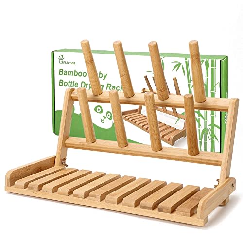 GiftAmaz Bamboo Baby Bottle Drying Rack, Space Saving Countertop Bottle Holder Portable Dryer Rack Organizer for Baby Bottles, Cups, Pacifiers and Accessories, Birthday Box for Women Mother Mom