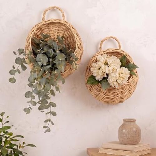 2 Pack Wicker Wall Hanging Baskets for Plants, 14" and 8"