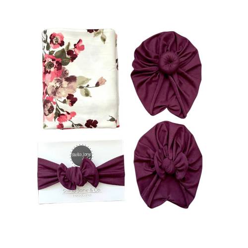 Floral Baby Swaddle Set: Wine Turban & Headband - Newborn Photo Prop