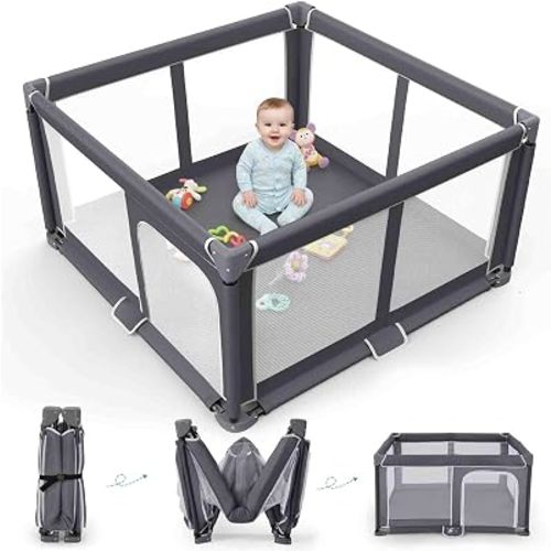 Foldable Baby Playpen Portable Travel Play Yard, Dark Gray