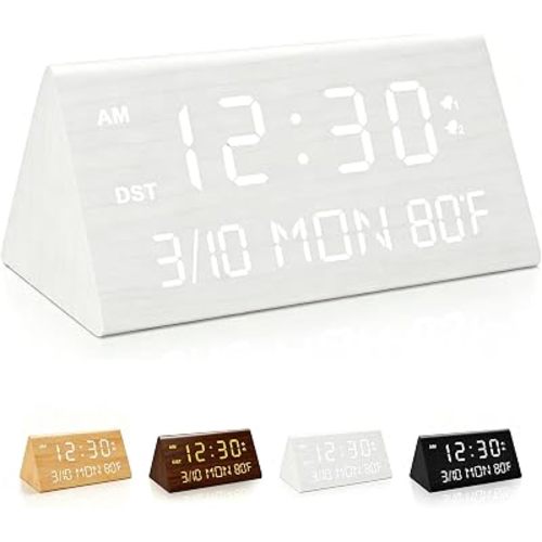 Premium Wooden Digital Alarm Clock with USB Charging Ports, Dimmable LED Display, Date, Day of Week, Temperature, DST, Clocks for Bedrooms, Desk, Nightstand, Bedside, Table, Office, Living Room Decor