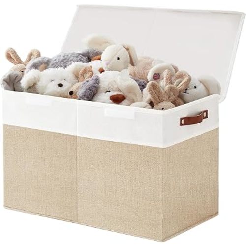 Bagnizer Large Toy Storage Box with Lids, Collapsible Sturdy Baby Storage Organizer Chest Bin Basket for Kids, Boys, Girls, Playroom, Nursery, Bedroom, Closet 25"x13"x16" (Beige and White)