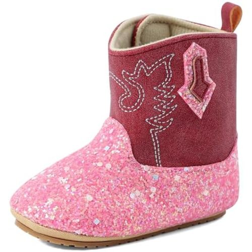 ESTAMICO Baby Girls Embroidery Western Cowgirl Boots Infant Sequin Leather Cowboy Booties Round Toe Ankle High Hook and Loop Shoes