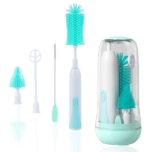 Electric Bottle Brush Cleaner, Electric Baby Bottle Brush Set Including Waterproof Bottle Cleaner, Nipple Brush, Straw Cleaner, Mixer, Bottle Drying Rack, Rechargeable,Two Cleaning Modes