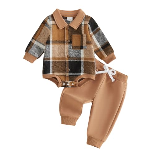 Douhoow Baby Boy Fall Outfits Flannel Baby Sweatshirt Romper Boys Pants Set | Infant Boy Clothes+Fall Baby Boy Outfits+Long Sleeves+Baby Flannel+Button Down+Plaid Baby Clothes+Festival Outfits