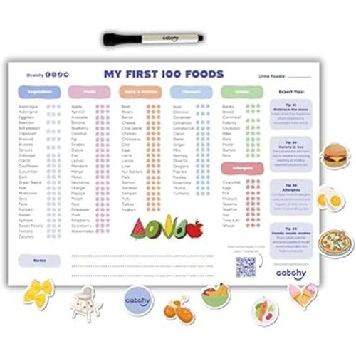 CATCHY - My First 100 Foods Tracker Set - 1 Magnetic Whiteboard Checklist, 10 Fridge Magnets + 1 Marker - Lists All Major Food Groups + Key Allergens - with Expert Tips - Reusable