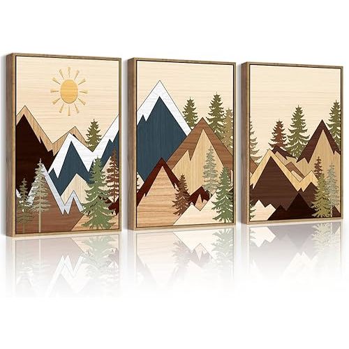 PHOPAGO Morden Mountains Framed Wall Art Boho Woodcut Pine Tree Forest Nature Landscape Artwork Prints Bohemain Farmhouse Rustic Bedroom Living Room Decor - 12x16in Natural Framed