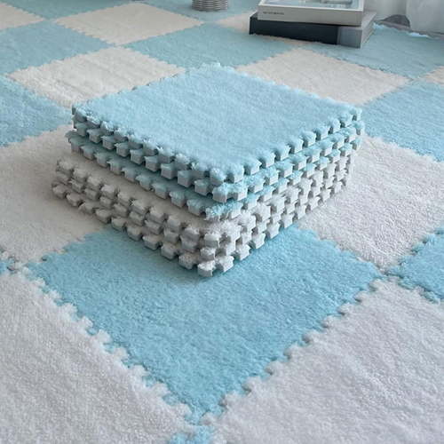 10PCS Fluffy Plush Foam Mat, 12x12 Inch Interlocking Carpet Tiles with Border, Soft Non-Slip Foam Pads for Floor, Playroom, Easy to Clean Puzzle Mat Squares