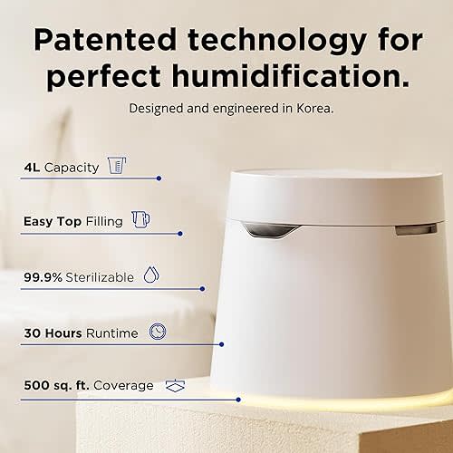 Carepod One Plus Stainless Steel Humidifier for Large Room with Mood Light, Quiet & Safe for Baby, Only 3 Washable Parts, Easy to Clean Ultrasonic Cool Mist Humidifiers for Bedroom for 30Hrs (1Gal/4L)