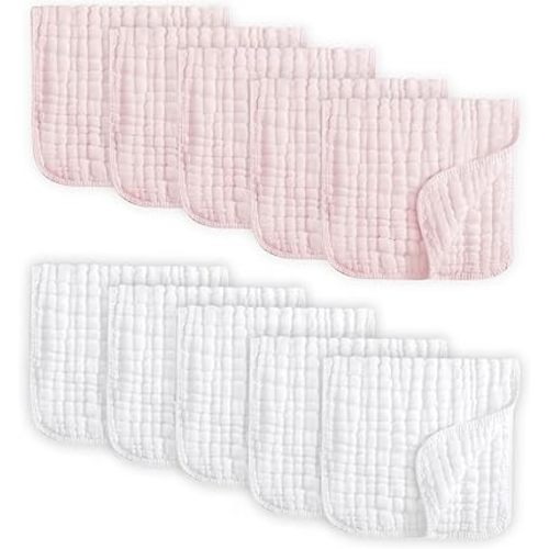 10PC Muslin Burp Cloths for Baby, 100% Cotton Layer 20''×10'' Soft Absorbent Face Towel,for Boys and Girls, Newborn Essentials (WhitePink)