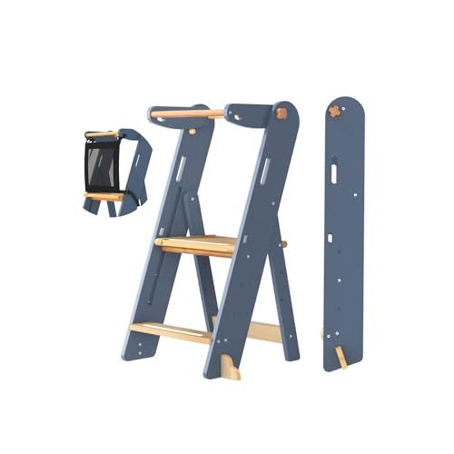 GROWNSY Foldable Step Stool Toddler Tower, Toddler Kitchen Stool Helper, Collapsible Kids Standing Learning Tower with 3 Adjustable Heights and Safety Net for Kitchen Bathroom Sink Counter (Blue Gray)