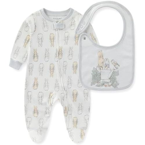 Peter Rabbit Baby Boys Long Sleeve Footies Coverall Romper With Bib for Newborn and Infant