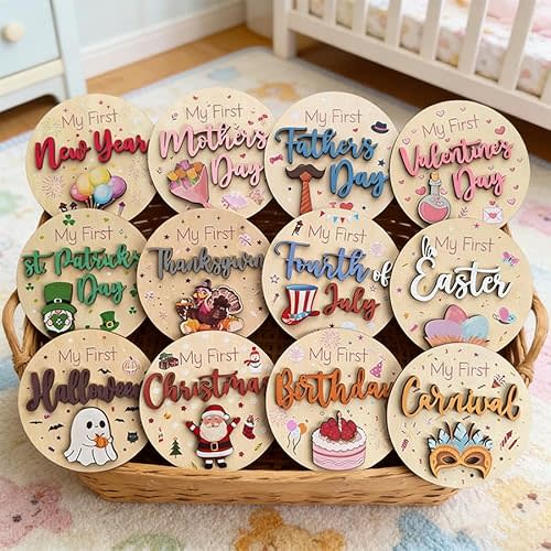 Baby Monthly Milestone Cards Hello World Newborn Name Announcement Signs My First Holiday Milestone Signs Boy Girl Daisy Milestone Wooden Circles for Newborn Baby Shower Girl Photo Props 12Pcs