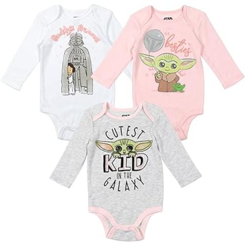 STAR WARS The Mandalorian Grogu Baby Girls' 3-Pack One Piece Long Sleeve Bodysuits Newborn to Infant