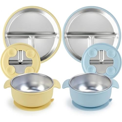 4-Piece Stainless Steel Baby Feeding Set - Butter Yellow & Baby Blue