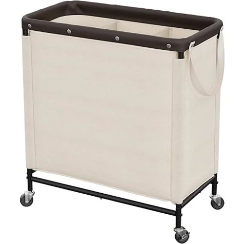 StorageWorks 3 Section Laundry Hamper, 120L Beige Sorter Cart with Wheels