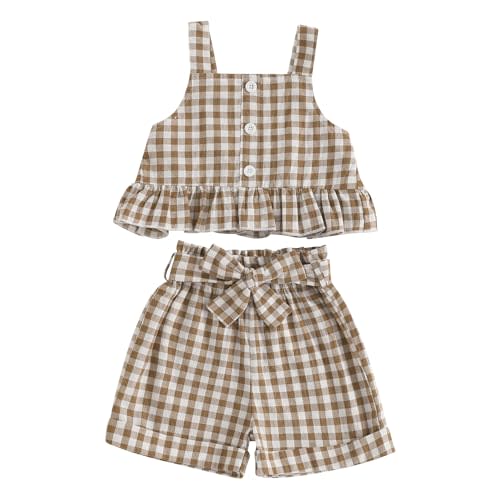 Toddler Girl Outfits Set Ruffled Button Strap Crop Tops Plaid Shorts Set Matching Bowknot Belt Summer Clothes Set