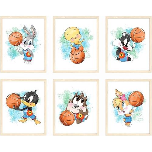 Nistio® Space Jam Posters for Boys Room Decor, Basketball Wall Art for Kids Bedroom, Basketball Posters for Playroom, Unframed Set of 6 (8x10)