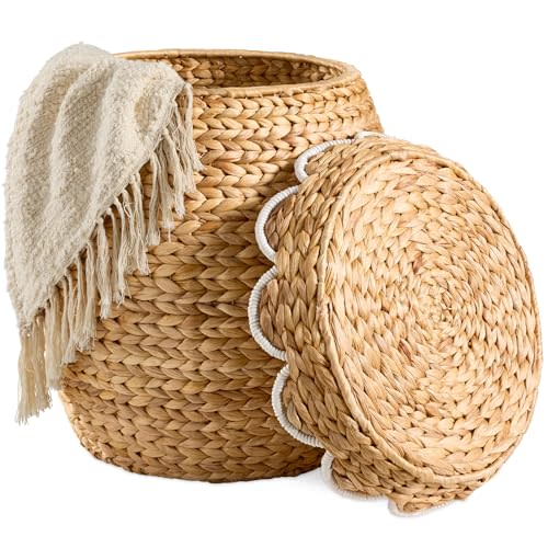 Best Choice Products Scalloped Multipurpose Hyacinth Storage Basket, Plant Décor, Handwoven Organizer Tote for Bedroom, Living Room, Nursey, w/Lid - Natural with White Trim