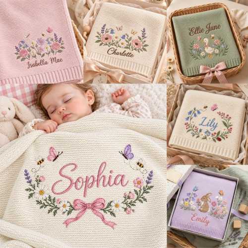 Custom Embroidered Baby Blanket with Name, Personalized Floral Baby Girl Blanket, Wildflower Nursery Decor, Newborn Baby Shower Gift