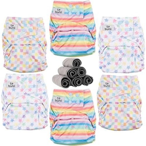 Bunii Cloth Diaper 6-Pack - Reusable Adjustable Pocket Diaper (Pastel Rainbow)