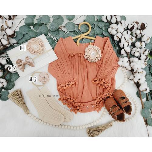 Burnt Orange Pom Pom Romper: Boho Baby Girl Outfit