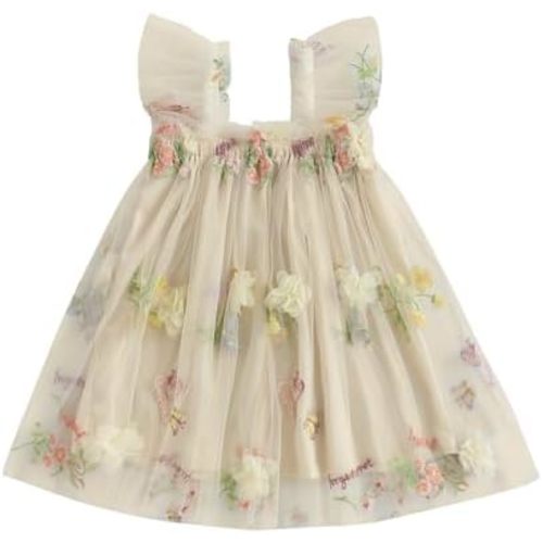 Baby Girl Cute Tulle Tutu Dress Toddler Ruffle Sleeveless Square Neck Floral Embroidery Mesh Princess Dress