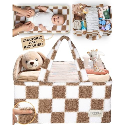 Toodly Checkered Diaper Caddy Organizer with Portable Changing Mat - Teddy Fleece Diaper Organizer for Changing Table - Caddy Organizer with Removable Dividers - Light Taupe and White