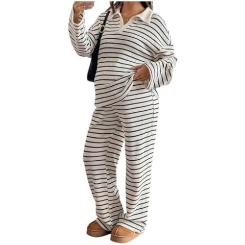 Verdusa Women Maternity Sets 2 Piece Striped Lounge Set Long Sleeve Shirt with Pants Comfy Clothes