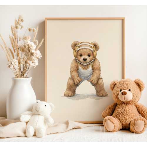 Vintage Teddy Bear Wrestling Wall Art, Neutral Bear Décor for Nursery, Kids Room & Wrestling Sports Lovers (Digital Download)