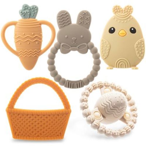 Easter Baby Teether Set, Easter Bunny, Carrot, Chicken, Rattle Egg & Easter Basket Teething Toys Perfect Easter Teethers Toys Cute Gift Set for Babies