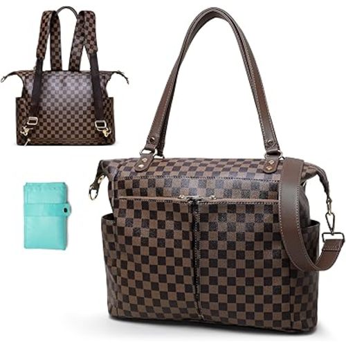 MOMINSIDE Checkered Diaper Bag Backpack Diaper Bag Tote, Plaid Tote Bag 4 in 1 Leather Checkered Bag with 14 Pockets,Convertible Baby Bag for Boys Girls, Changing Pad(Coffee)