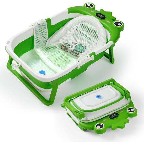 Baby Bathtub,Collapsible Baby Bath Tub with Soft Cushion & Thermometer, Space Saving Foldable & Travel Newborn Bathtub for Infant to Toddler 0-36 Months, Frog Green