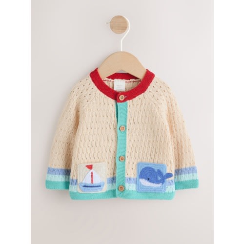 Natural Crochet Embroidered Knitted Nautical Baby Cardigan (0mths-2yrs)