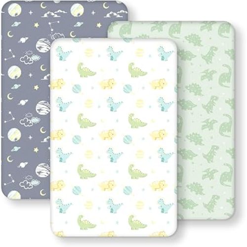 Baby Bedside Bassinet Sheets Fitted, 33”x20” Compatible with Baby Delight Dream On Me & Most Rectangle Bedside Sleeper Bassinet Mattresses, Super Soft Microfiber Green Dinosaur Planet
