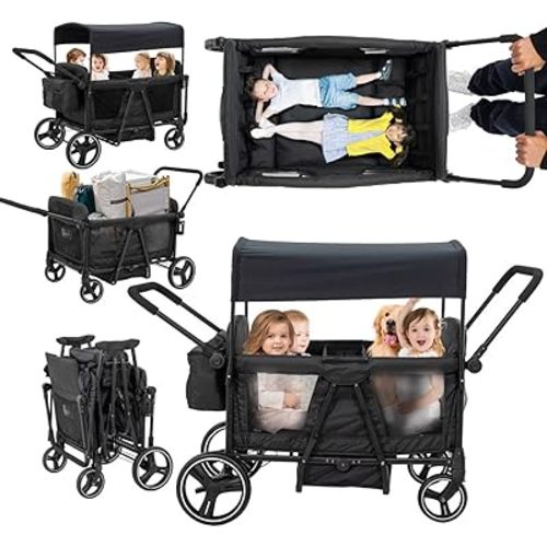 Luxury 4 Seater Wagon Stroller All-Terrain Baby Tandem for 2 3 4 Kids –Push&Pull Foldable Wagon with 5-Point Harness,Adjustable Canopy,Snack Tray for Toddlers’ Beach,Park & Outdoor Adventures