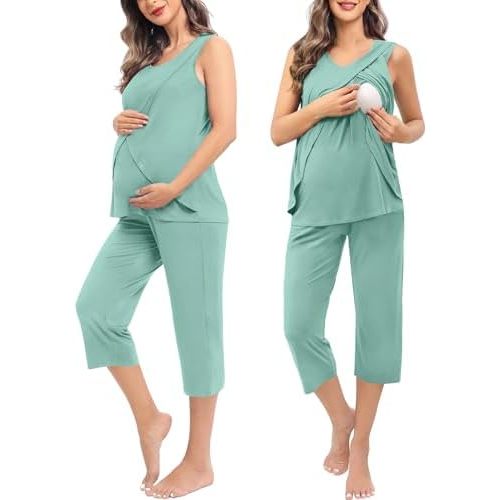 SWOMOG Women Maternity Pajama Set Nursing Pjs Double Layer Sleeveless Top Capri Pregnancy Set Breastfeeding Pjs with Pockets