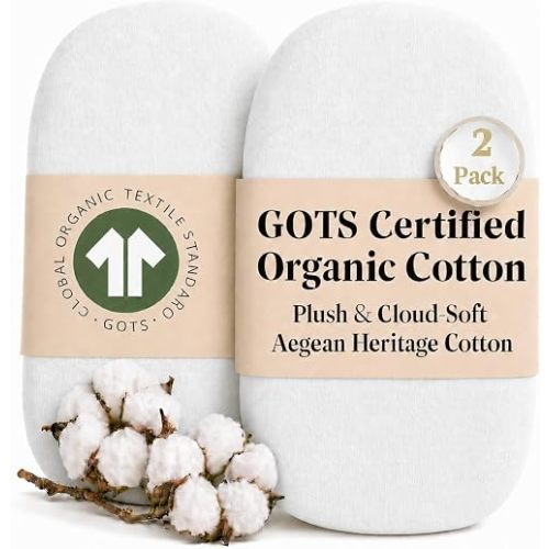 2-Pack GOTS 100% Organic Cotton Bassinet Sheets for Halo BassiNest Swivel Sleeper & 4moms mamaRoo Sleep – Luxury Turkish Cotton Fitted Sheets for Baby Boys & Girls