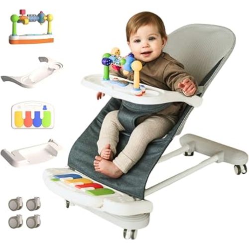 Cuddo Baby Bouncer 4-in-1 |Pianos, Feeding Tray, Play Bar, Wheels| Blue