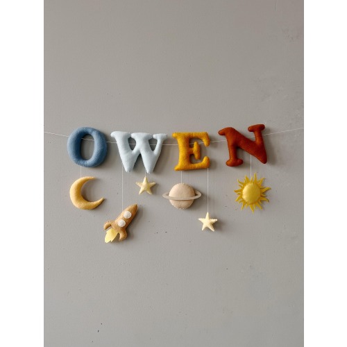 Custom Felt Name Banner – Space Nursery Decor – Rocket & Moon Garland
