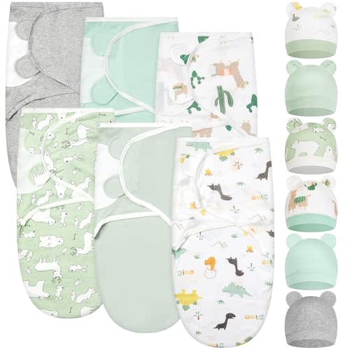 Ramede 6 Pack Swaddle Blanket with Hats for Baby Girl Boy 100% Cotton Swaddles 0-3 Months, Adjustable Breathable Skin Friendly Receiving Blanket Wrap, Essential for Newborns