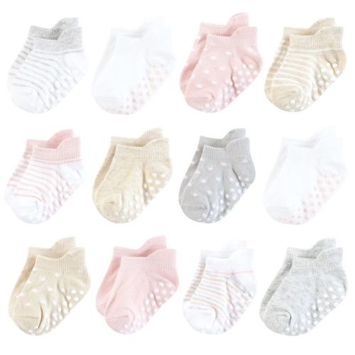 Hudson Baby Infant Girl Non-skid No-show Socks, Soft Pink Dot Stripe, 12-24 Months