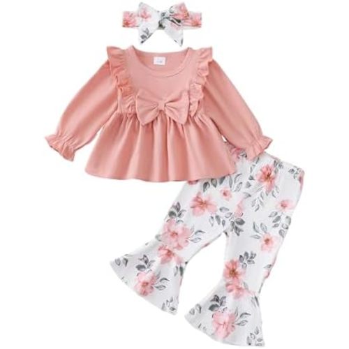 Toddler Baby Girl Clothes Fall/Winter Girls Outfits Ruffle Long Sleeve Tops Floral Flared Pants Girls' Clothing Sets