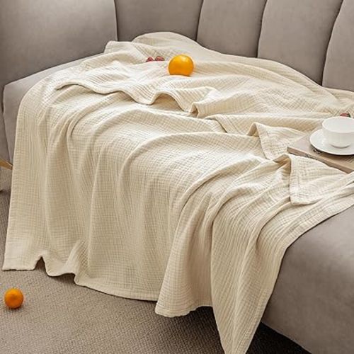 PHF 100% Cotton Muslin Blanket Queen Size 90" x 90", 4-Layer Lightweight and Breathable Blanket, Luxuriously Soft Gauze Blanket for Bed, Beige/Birch