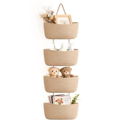 Dahey Over The Door Hanging Basket 4-Tier Woven Boho Wall Mounted Storage Organizer with Hooks for Bedroom Nursery Bathroom Apartments Dorm Pantry Decor, Jute