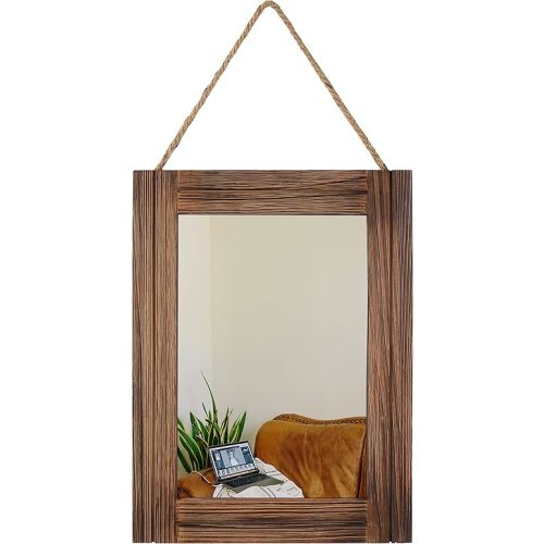 16 X 12 Inch Rustic Wood Framed Wall Mirror with Hanging Rope for Farmhouse Decor, for Entryway, Bedroom, Bathroom, Dresser, Brown