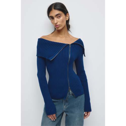 Women's Asymmetric Foldover Sweater in Pacific Blue