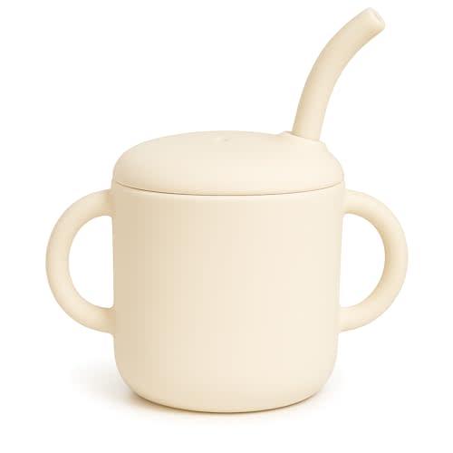 Premium Silicone Baby Straw Cup 6 floz, BPA-Free Food-Grade Silicone Sippy Cup for Infants and Toddlers 6months+, Leak-Resistant, Durable, Easy-Grip Training Design (Beige)
