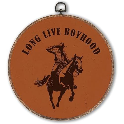 Hxlac Long Live Boyhood Round Wall Art Framed, Western Cowboy Round Wall Decor, Rustic Western Rodeo Hanging Canvas Prints Wall Sculptures for Boys Room Bedroom Home Decor, 10x10 Inch