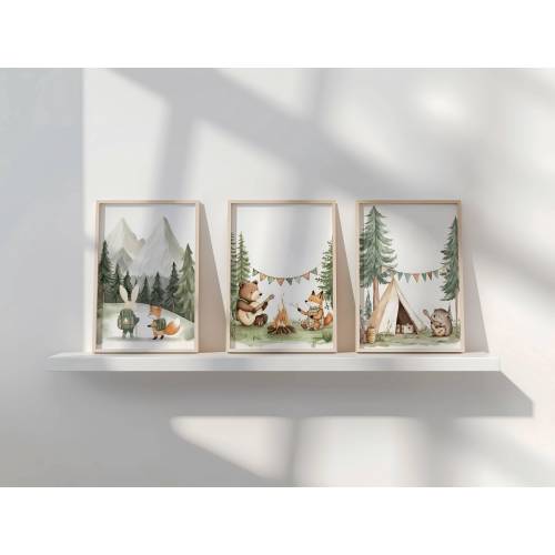 Set of 3 Camping Nursery Print, Woodland Hiking Nursery Decor, Woodland Nursery Wall Art, Forest Mountains Nursery Digital Print, Bear Print